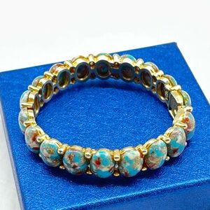 Vintage Har Hinged Bracelet Gold-Tone Metal Blue Dinosaur Egg Cabochons